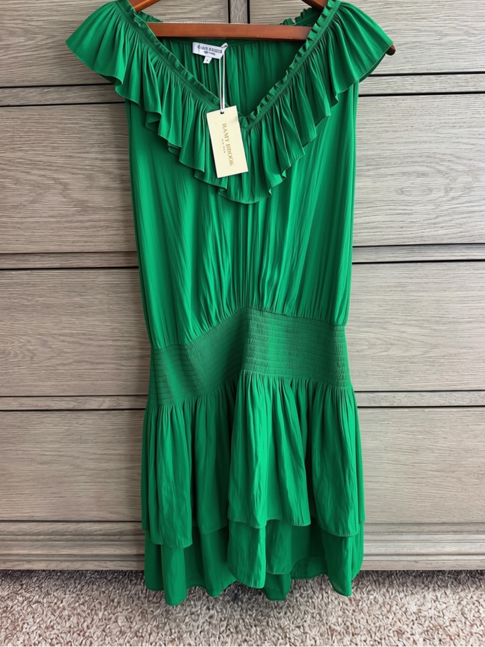 NWT Ramy Brook Livia Sea Green Ruffle Midi Dress Size L